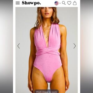 Nwot showpo Australia wrap around pink ribbed bodysuit 6 70$ boho revolve spring
